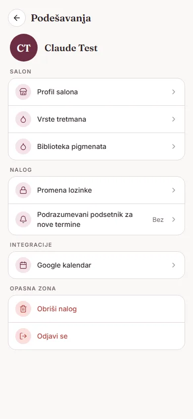 Ekran Podešavanja sa sekcijama Salon, Nalog, Integracije i Opasna zona
