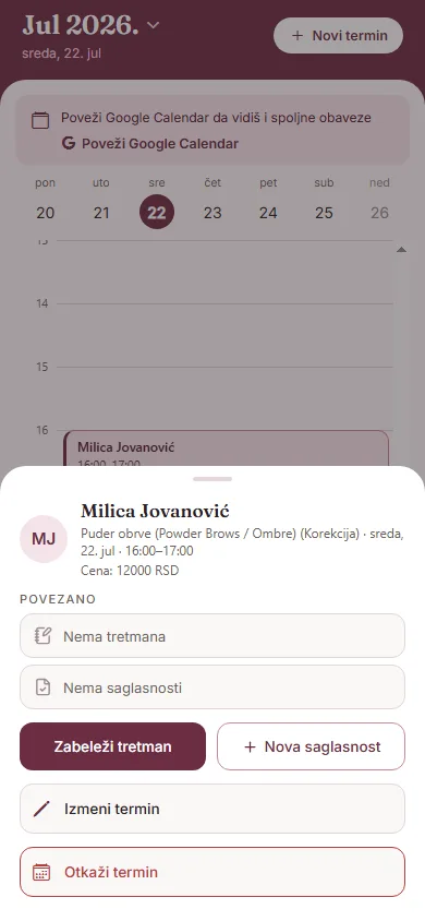 Detalji termina sa opcijama za izmenu i otkazivanje
