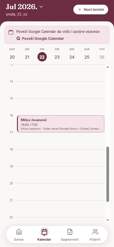 Nedeljni kalendar sa porukom za povezivanje Google kalendara